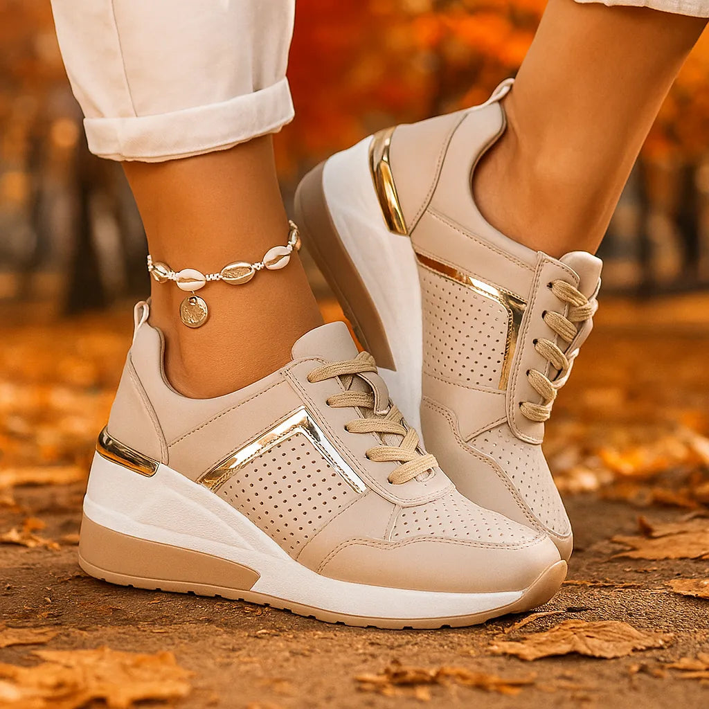 Beige Women's Wedge Shoes with Lace-Up Perforated Design & Metallic Trim — Fiona - Ankle Detail Fall