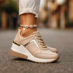 Beige Women's Wedge Shoes with Lace-Up Perforated Design & Metallic Trim — Fiona - Side Step Detail
