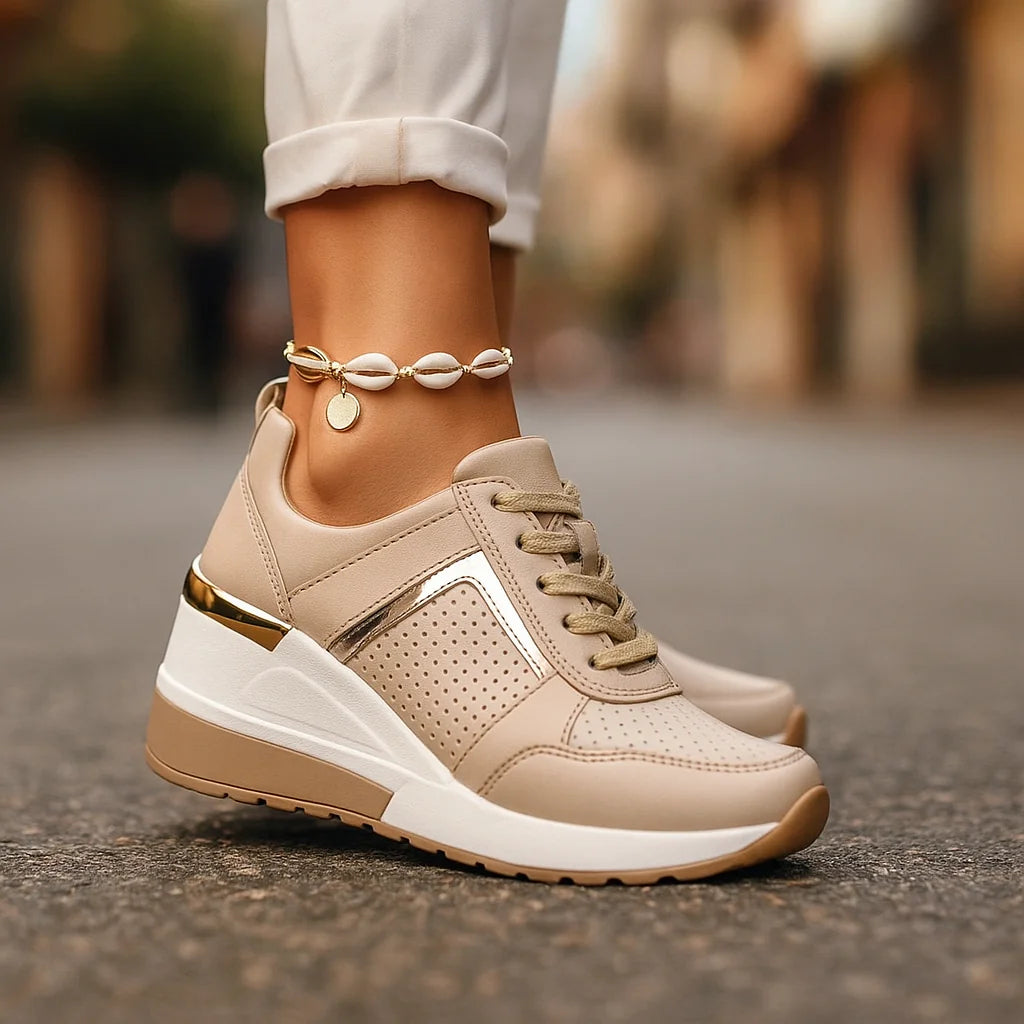 Beige Women's Wedge Shoes with Lace-Up Perforated Design & Metallic Trim — Fiona - Side Step Detail