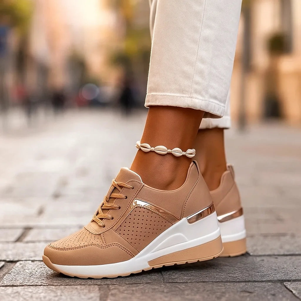 Brown Women's Wedge Shoes with Lace-Up Perforated Design & Metallic Trim — Fiona - Close Up Anklet