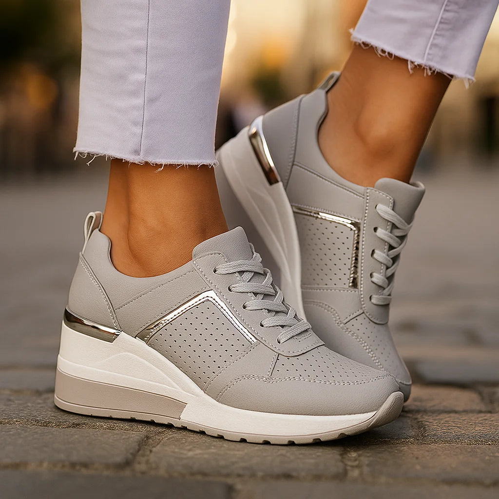 Grey Women's Wedge Shoes with Lace-Up Perforated Design & Metallic Trim — Fiona - Back Detail Pose