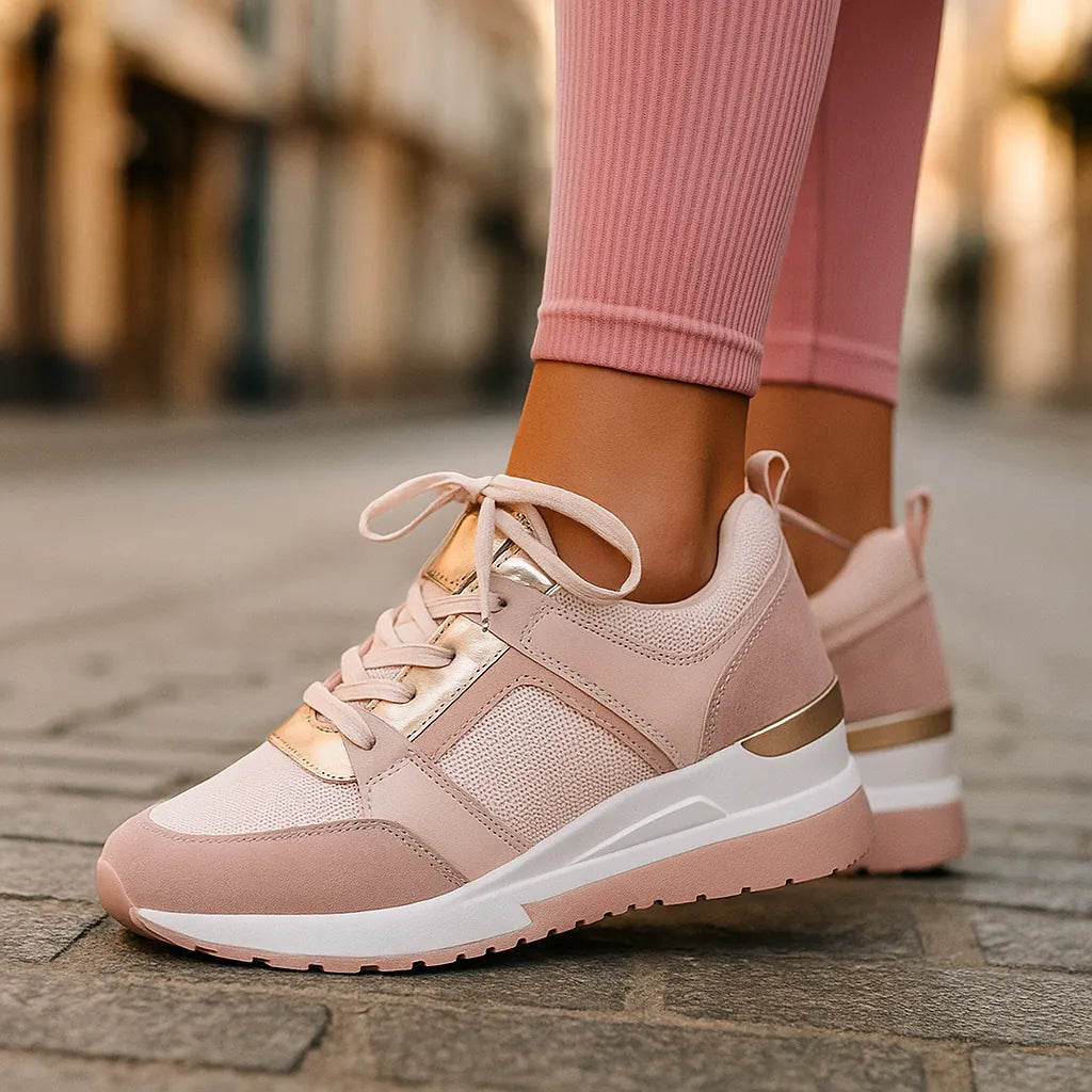 Pink Women's Wedge Shoes with Lace-Up Perforated Design & Metallic Trim — Fiona - Front Close Up