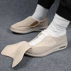 Beige Wide Fit Mesh Walking Shoes — Stella Adjustable Orthopedic Comfort - Worn Lifestyle Strap Open