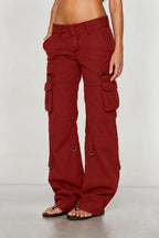 Burgundy Women's Wide-Leg Cargo Pants with Zip Pockets & Low-Rise Fit - Side Pose Studio