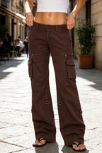 Dark Brown Women's Wide-Leg Cargo Pants with Zip Pockets & Low-Rise Fit - Front Full