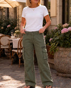 Women's Wide-Leg Cargo Pants with Zip Pockets & Low-Rise Fit - Front Full Tshirt