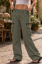 Green Women's Wide-Leg Cargo Pants with Zip Pockets & Low-Rise Fit - Front Full Tug