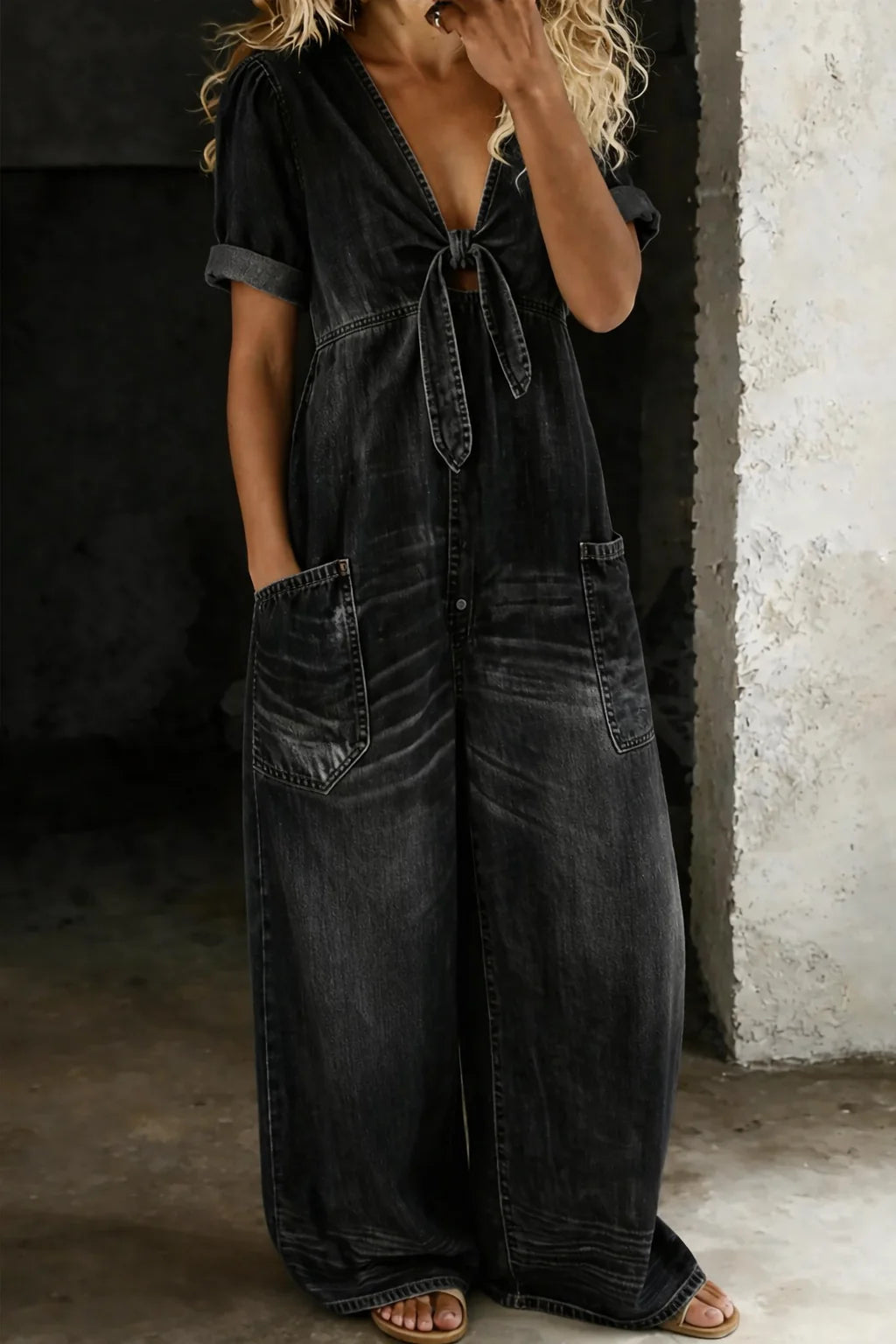 Black Women's Wide-Leg Denim Jumpsuit — Bess Tie-Front V-Neck Pockets - Front Pose