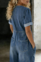 Blue Women's Wide-Leg Denim Jumpsuit — Bess Tie-Front V-Neck Pockets - Back Detail