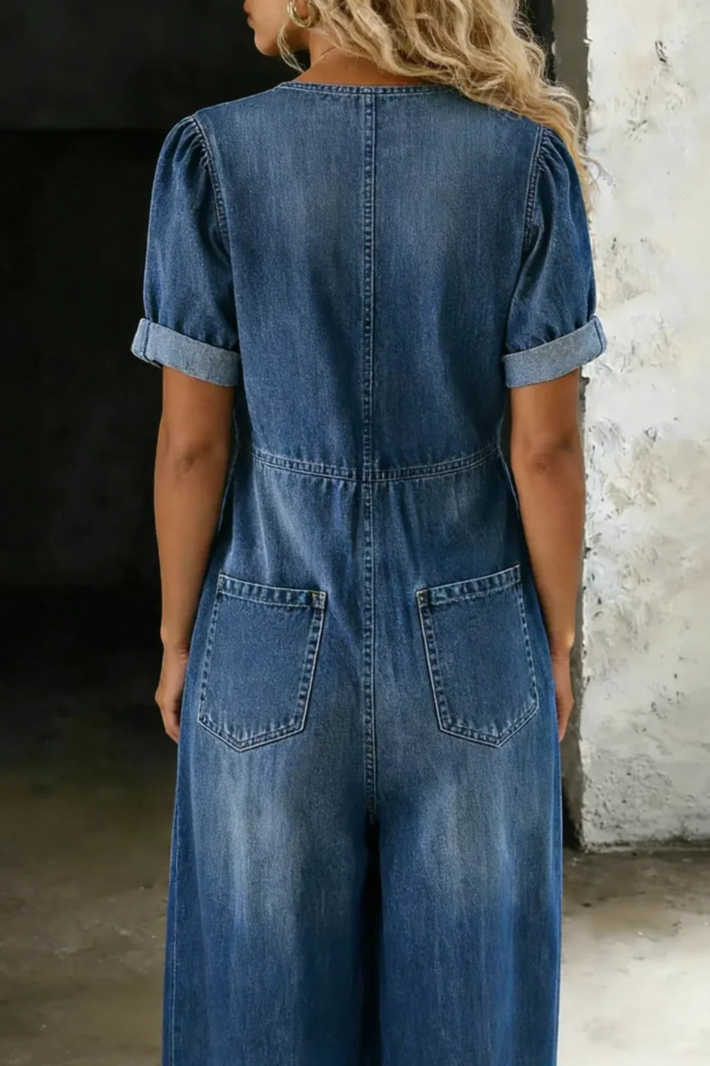 Blue Women's Wide-Leg Denim Jumpsuit — Bess Tie-Front V-Neck Pockets - Back Full