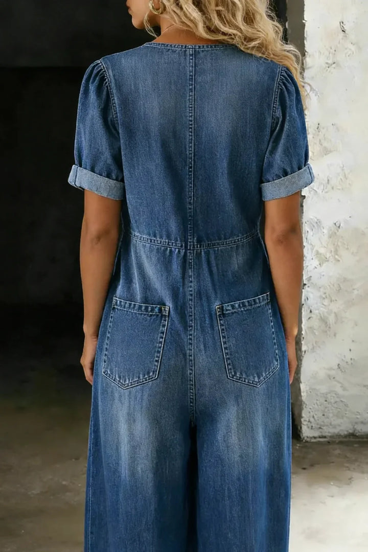 Blue Women's Wide-Leg Denim Jumpsuit — Bess Tie-Front V-Neck Pockets - Back Full