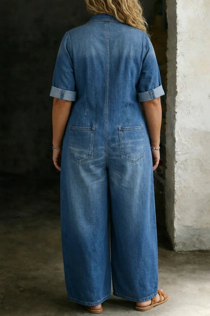 Blue Women's Wide-Leg Denim Jumpsuits — Arabella Everyday Button-Front Pockets - Back Full