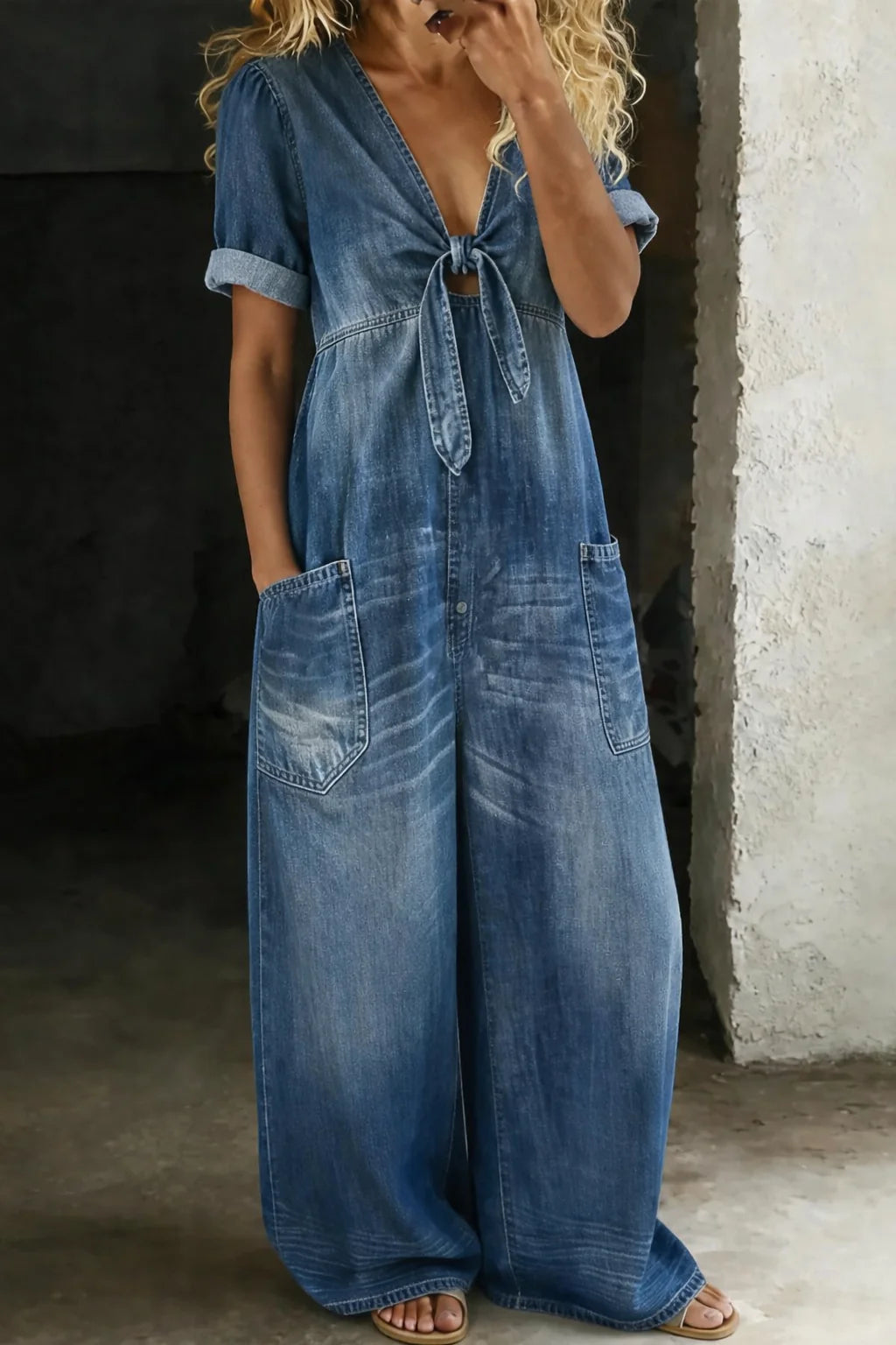 Blue Women's Wide-Leg Denim Jumpsuit — Bess Tie-Front V-Neck Pockets - Front Full