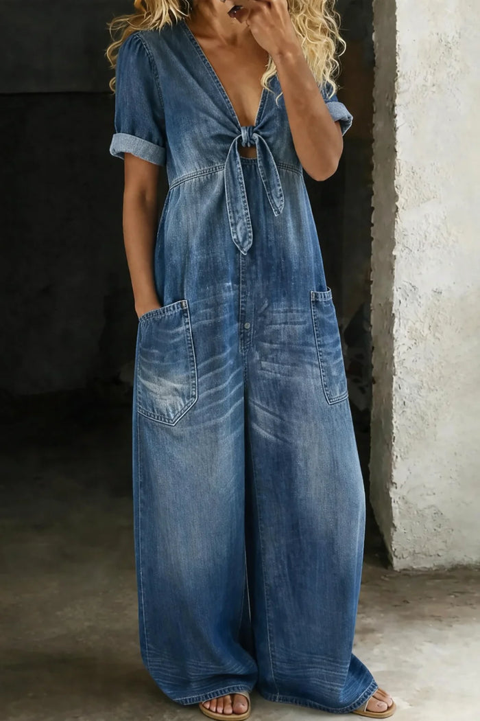Blue Women's Wide-Leg Denim Jumpsuit — Bess Tie-Front V-Neck Pockets - Front Full
