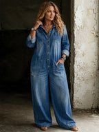 Blue Women's Wide-Leg Denim Jumpsuits — Arabella Everyday Button-Front Pockets - Front Full