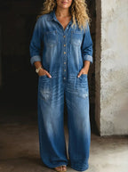 Blue Women's Wide-Leg Denim Jumpsuits — Arabella Everyday Button-Front Pockets - Front Hands Pockets