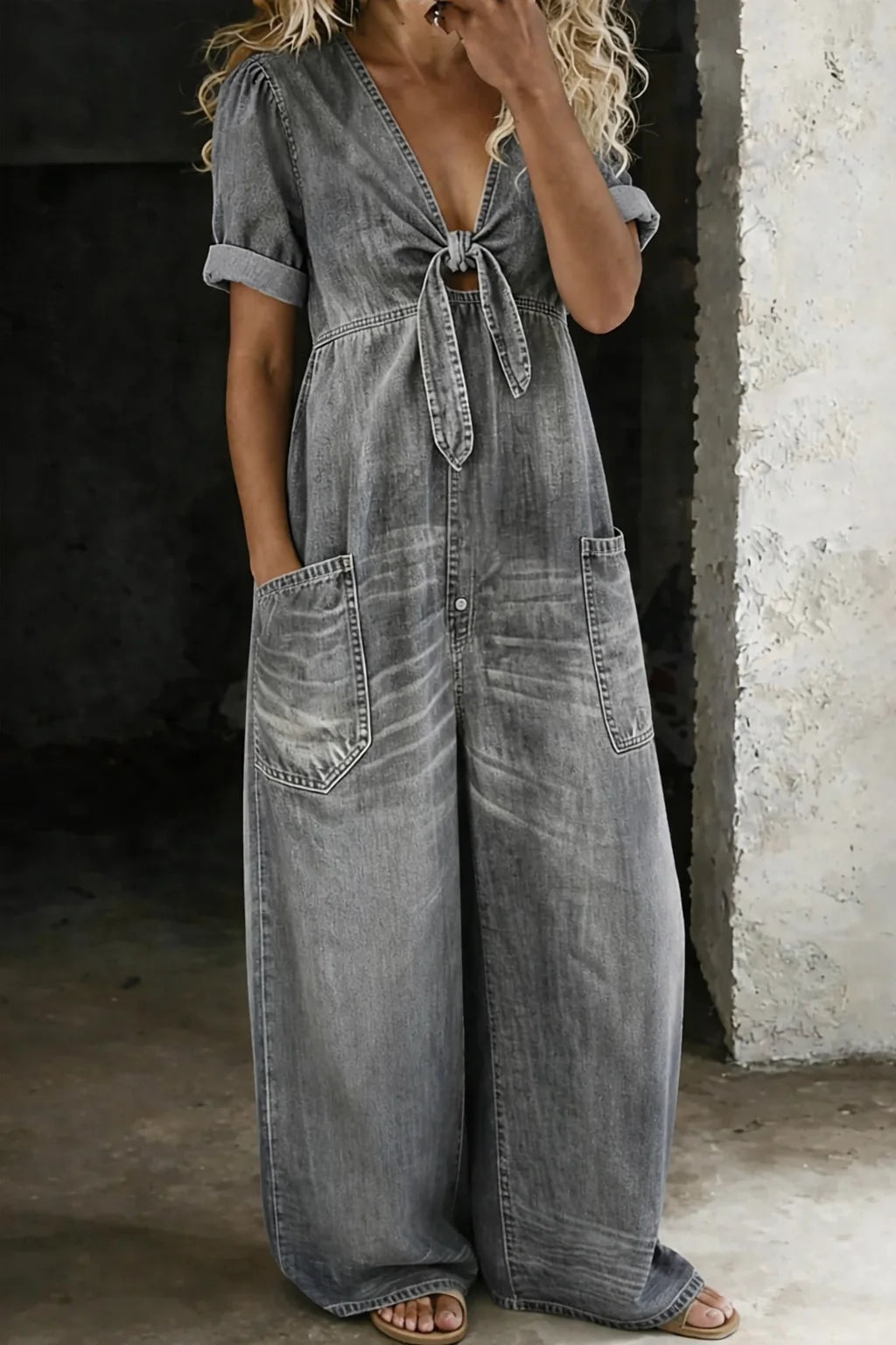 Grey Women's Wide-Leg Denim Jumpsuit — Bess Tie-Front V-Neck Pockets - Front Standing