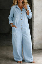 Light Blue Women's Wide-Leg Denim Jumpsuits — Arabella Everyday Button-Front Pockets - Front Buttons Detail