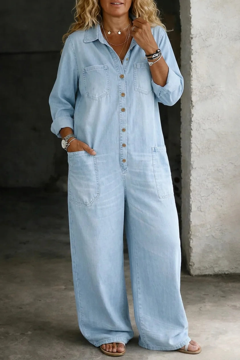 Light Blue Women's Wide-Leg Denim Jumpsuits — Arabella Everyday Button-Front Pockets - Front Buttons Detail