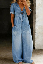 Light Blue Blue Women's Wide-Leg Denim Jumpsuit — Bess Tie-Front V-Neck Pockets - Front Cropped