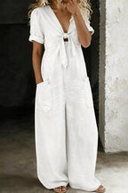 White Women's Wide-Leg Denim Jumpsuit — Bess Tie-Front V-Neck Pockets - Front Styled