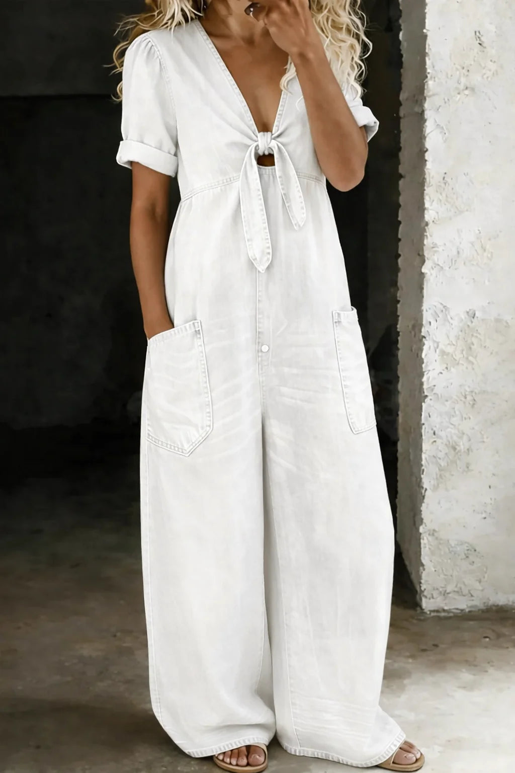 White Women's Wide-Leg Denim Jumpsuit — Bess Tie-Front V-Neck Pockets - Front Styled