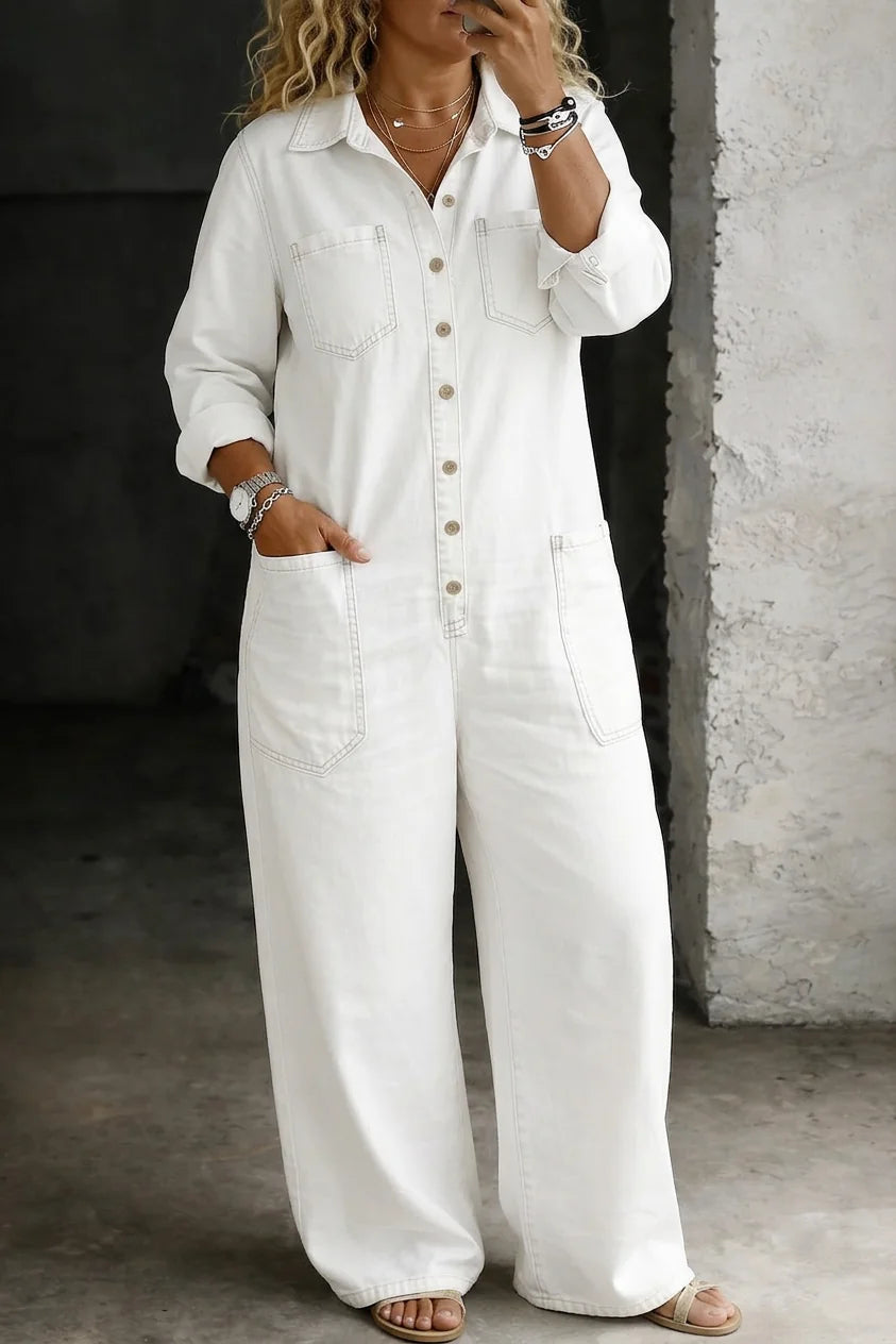 White Women's Wide-Leg Denim Jumpsuits — Arabella Everyday Button-Front Pockets - Phone Selfie Pose