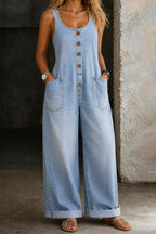 Light Blue Women's Light Blue Wide-Leg Denim Overalls — Posy Button-Front Relaxed Pockets - Front Full