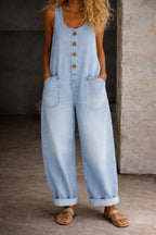 Light Blue Women's Light Blue Wide-Leg Denim Overalls — Posy Button-Front Relaxed Pockets - Front Pockets Detail
