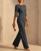 Black Women's Tailored Wide-Leg Detail Jumpsuit with Pearl-Trimmed Sleeve Slits — Belle