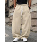 Beige Men's Wide Leg Fleece Joggers with Drawstring Waist & Side Pockets