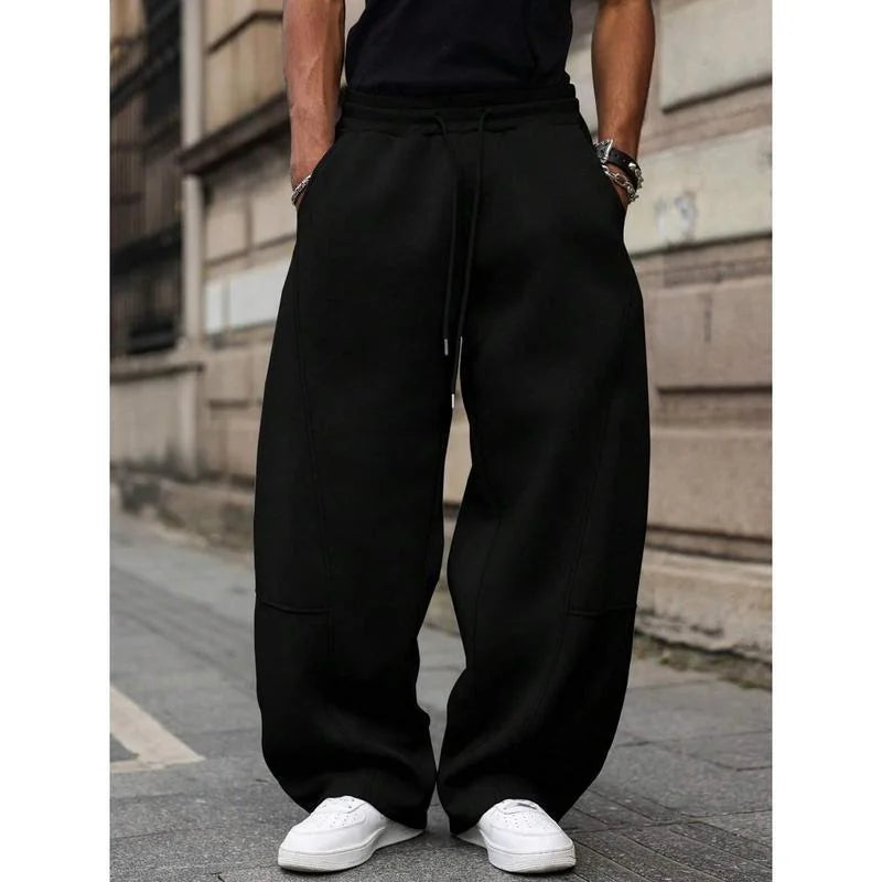 Black Men's Wide Leg Fleece Joggers with Drawstring Waist & Side Pockets