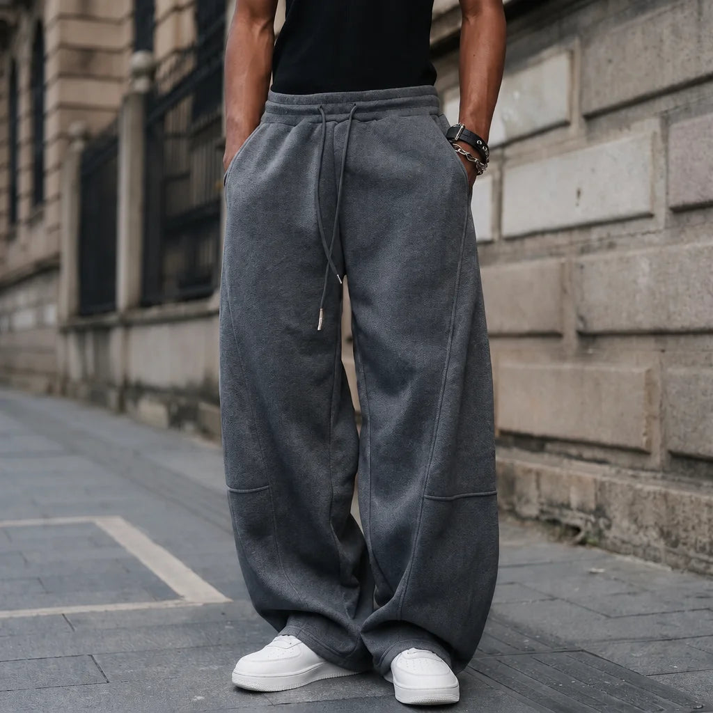 Dark Grey Men's Wide Leg Fleece Joggers with Drawstring Waist & Side Pockets - Back Full Outdoor