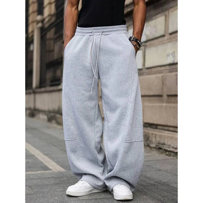 Light Grey Men's Wide Leg Fleece Joggers with Drawstring Waist & Side Pockets