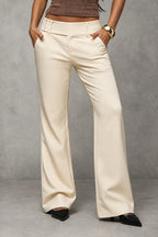 Beige Women's Wide Leg Trousers with High-Waisted Button-Tab Waistband in Structured Polyester