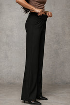 Black Women's Wide Leg Trousers with High-Waisted Button-Tab Waistband in Structured Polyester