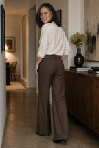 Women's Wide Leg Trousers with High-Waisted Button-Tab Waistband in Structured Polyester - Back Full