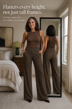 Women's Wide Leg Trousers with High-Waisted Button-Tab Waistband in Structured Polyester - Mirror Front Back