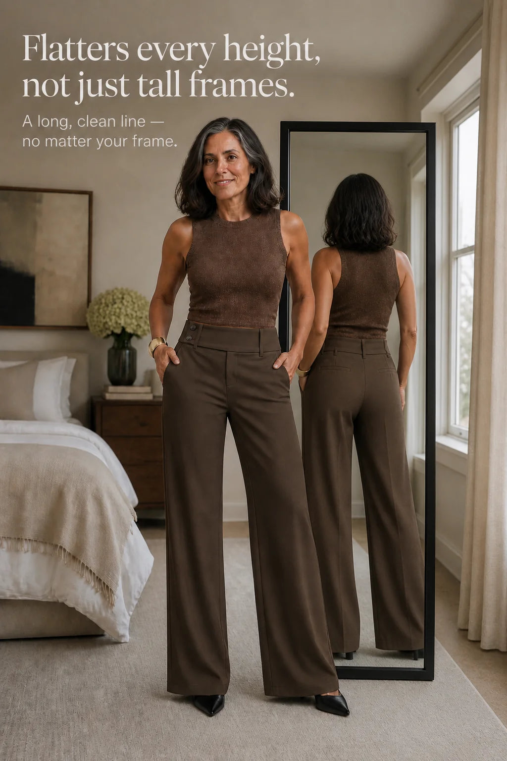Women's Wide Leg Trousers with High-Waisted Button-Tab Waistband in Structured Polyester - Mirror Front Back