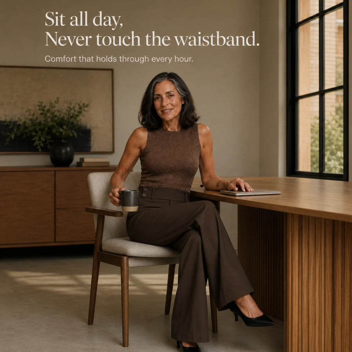 Women's Wide Leg Trousers with High-Waisted Button-Tab Waistband in Structured Polyester - Seated Office