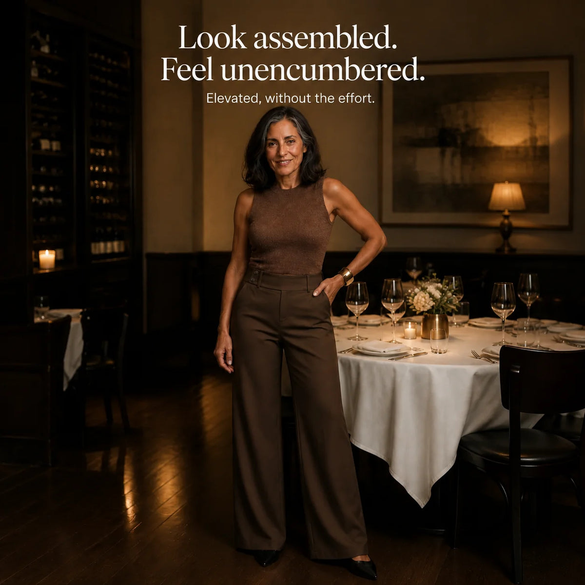 Women's Wide Leg Trousers with High-Waisted Button-Tab Waistband in Structured Polyester - Standing Restaurant