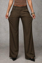 Coffee Women's Wide Leg Trousers with High-Waisted Button-Tab Waistband in Structured Polyester