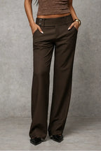 Dark Brown Women's Wide Leg Trousers with High-Waisted Button-Tab Waistband in Structured Polyester