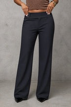 Dark Grey Women's Wide Leg Trousers with High-Waisted Button-Tab Waistband in Structured Polyester