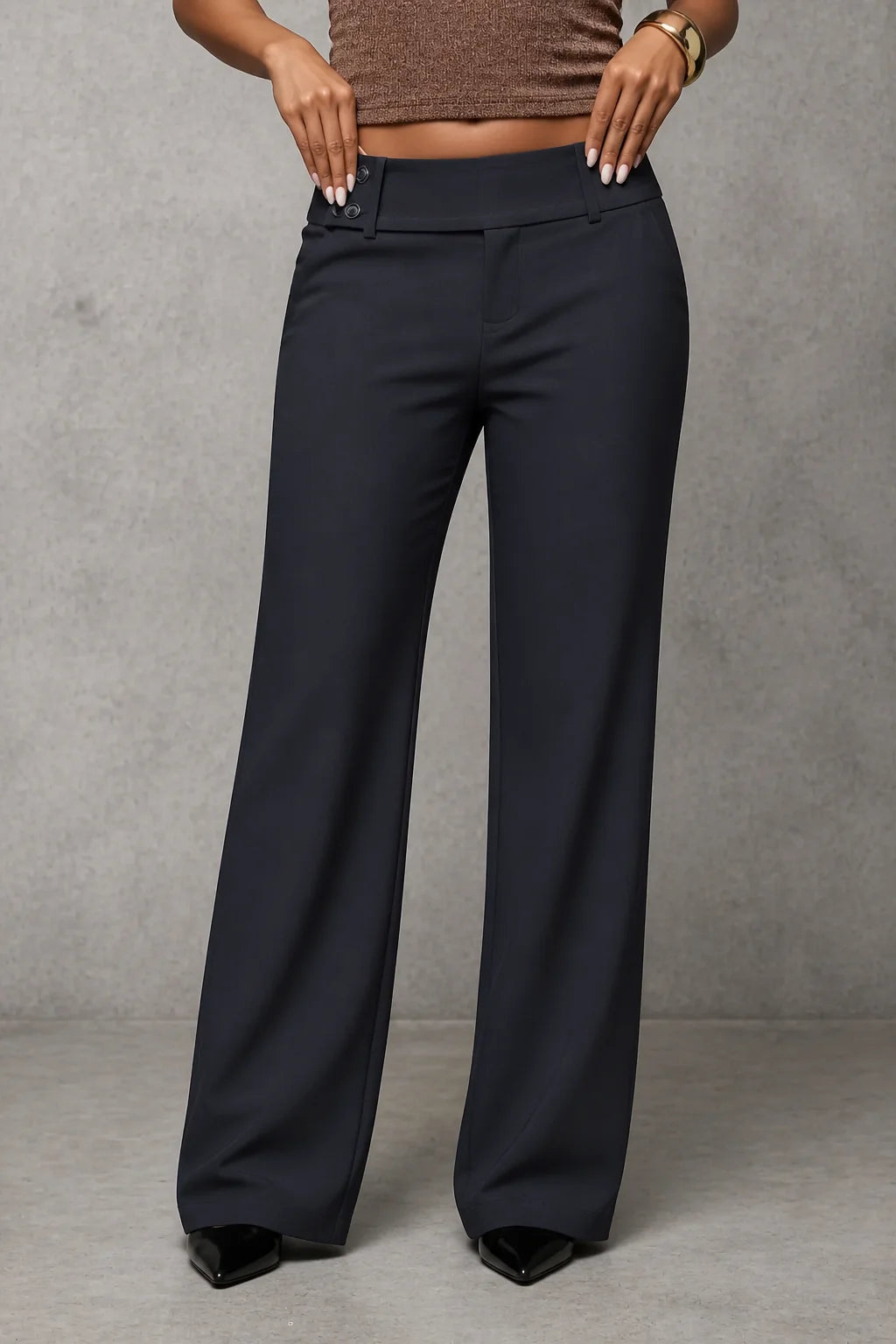 Dark Grey Women's Wide Leg Trousers with High-Waisted Button-Tab Waistband in Structured Polyester