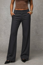 Grey Women's Wide Leg Trousers with High-Waisted Button-Tab Waistband in Structured Polyester