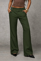 Olive Green Women's Wide Leg Trousers with High-Waisted Button-Tab Waistband in Structured Polyester