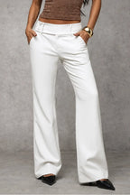 White Women's Wide Leg Trousers with High-Waisted Button-Tab Waistband in Structured Polyester