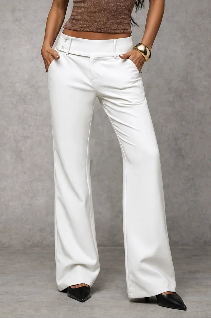 White Women's Wide Leg Trousers with High-Waisted Button-Tab Waistband in Structured Polyester