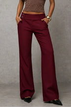 Wine Red Women's Wide Leg Trousers with High-Waisted Button-Tab Waistband in Structured Polyester